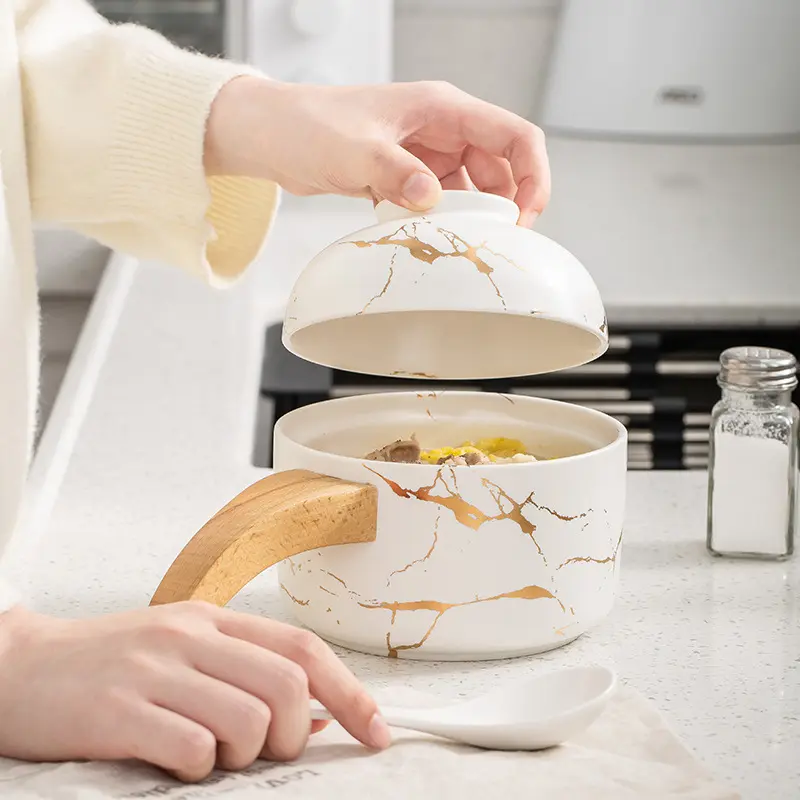 Leichte Luxus glasierte Keramik Instant Nudeln Schüssel Holzgriff kreative koreanische Haushalt Keramik Reiss chale