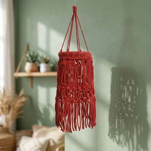 Abat-jour suspendu en macramé rouge avec pompons, écologique, fait main, style bohème, décoration intérieure, art mural pour salon - Product Image 3