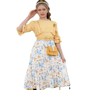 Küçük kızın moda prenses elbise 2024 yeni çocuk yaz elbisesi kızın tatlı yarım kollu elbise ücretsiz çanta