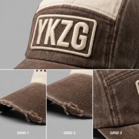 Casquette 5 panneaux style camper en coton lavé personnalisé, visière effilochée, logo brodé en relief 3D, GRS, streetwear durable et artistique