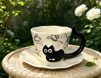 Tasse et soucoupe en céramique gaufrée motif chat noir floral dessiné à la main, avec poignée unique en forme de queue de chat, ensemble mug à café et latte