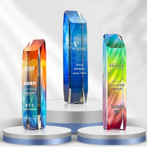 Hot Sell Colorful UV Printed Crystal Shields And Trophies Custom Logo Engraved Diamond K9 Crystal Trophy For Business Award