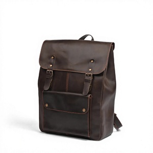Unisex Genuine Leather <b>Backpack</b> Solid Brown Hasps Closure Front Pocket Adjustable <b>Strap</b> Durable Casual Daily Use - Product Image 3