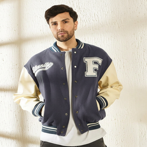MERITORIOUS INTERNATIONAL Green Solid Varsity <b>Jacket</b> <b>Men</b> Preppy Style <b>Letter</b> F Front Logo Winter Regular Fit Stand Collar Heated - Product Image 3