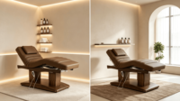 Table de massage électrique de luxe à 4 moteurs avec base en bois, inclinable, pour salon, spa, soins du visage, lit de massage cosmétique pour cils et fauteuil inclinable