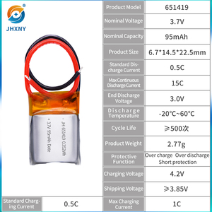 Batterie rechargeable au lithium polymère JH 3.7V 25C petite taille 95mah 651419 avec induction 51005 pour avion RC, garantie de 12 mois - Product Image 2