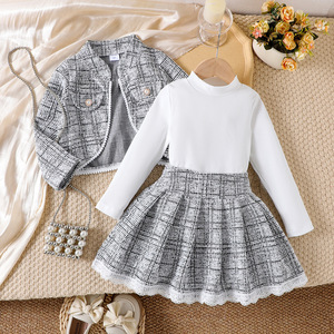 Ensemble de vêtements pour filles <span class=keywords><strong>d</strong></span>'automne et <span class=keywords><strong>d</strong></span>'<span class=keywords><strong>hiver</strong></span>, pull en tricot à manches longues, jupe courte à carreaux, chapeau - Tenue 3 pièces pour petite fille - Product Image 1