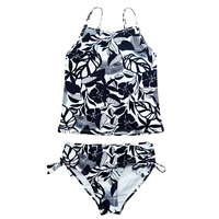 Maillot de bain deux pièces pour filles, imprimé feuilles tropicales noir et blanc, bretelles spaghetti, vente en gros