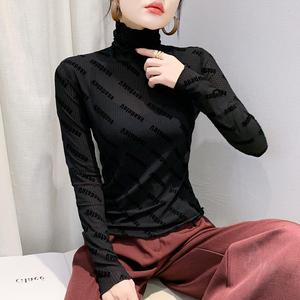 Autumn New Slim-Fit Flocking Burning Flower Turtleneck Print Long-Sleeved T-<strong>shirt</strong> Women's Sexy Trendy Small <strong>Shirt</strong> Fashion - Product Image 2