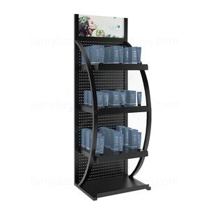 Étagère de présentation de produits de soin de la peau en métal sur pied avec étagères et panneau perforé, unité de rayonnage cosmétique réglable pour les stands de magasin - Product Image 2