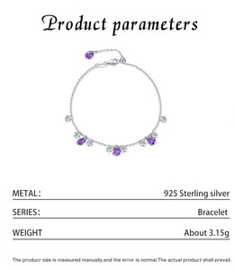 S925 Silver Chain <b>Bracelet</b> With Amethyst And Round Crystal Rhinestones Claw Setting Classic Style Women's Everyday Wear Jewelry - Product Image 2