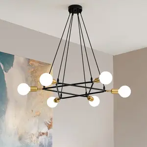 2022 Sao Thiết Kế Mặt Dây Chuyền Chiếu Sáng 110V Đến 220V Bắc Âu Hiện Đại Pendant Lamp 6 Bulbs Đen Và Vàng Kim Loại Ánh Sáng Đèn Chùm