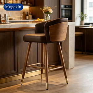 Contemporary Brown Faux <b>Leather</b> Bar <b>Stool</b> Curved Back Bar Chair with Solid Wood Legs for Cafe Restaurant & Hotel - Product Image 3