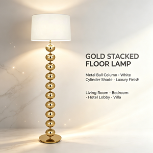 Lampe sur pied de luxe en or avec boules empilées, lampe sur pied en métal poli avec abat-jour en tissu pour la décoration de salon de villa - Product Image 1