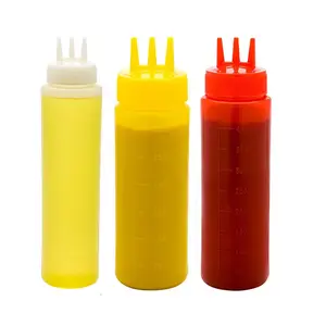 Botol bumbu tekan plastik 3 lubang, 12oz 16OZ/450ml 24oz untuk saus panas cuka minyak, saus tomat, Salad Mustard, dapur, 12oz