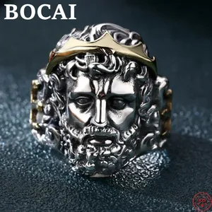 BOCAI S925 Sterling Silver Banhado A Ouro Pedra Natural Charme Anel para Homens Nova Moda Retro Zeus Cabeça Retrato Ajustável Jóias - Product Image 3