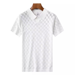 เสื้อโปโลผู้ชาย สีส้มแดง ลายตาราง ผ้าถัก แขนสั้น ปกพับได้ ชุดลำลอง - Product Image 5