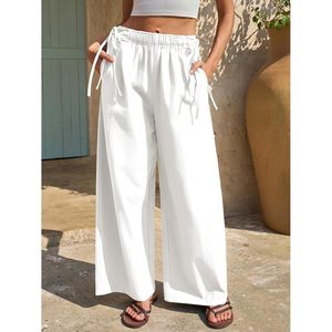 Pantalon large pour femme personnalisé en coton avec cordon de serrage et taille élastique, idéal pour l'été décontracté - Product Image 3