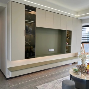 Meuble TV mural en bois écologique pour salon avec étagères ouvertes sur toute la longueur pour hôtel et appartement - Product Image 2
