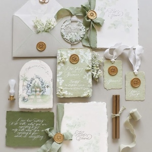 Juego de Invitaciones de Boda Hechas a Mano, Papel de Algodón con Borde Decorativo en Relieve, Diseño Botánico Floral en Acuarela, Sello de Cera con Lámina Dorada - Product Image 4