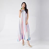 Robe d'été plissée Miyake Robe sans manches à la mode pour femmes Robe de banlieue décontractée de haute qualité Motif rayé imprimé