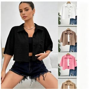 Frühling Sommer Damen Revers Crop Kurzarm-Hemd Modische Lässige Einfarbige Knopf-Taschen Midi-Länge Bluse - Product Image 1