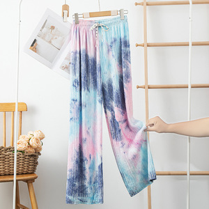 Nuovo modello estivo leggero a vita alta drappeggiato colorato con stampa arruffata <span class=keywords><strong>pantaloni</strong></span> Casual lunghi fino al pavimento Tie-Dye <span class=keywords><strong>pantaloni</strong></span> larghi donna - Product Image 3