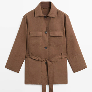 Chemise-veste décontractée pour femme en mélange de lin marron, coupe ample, avec ceinture, poches, respirante, pour l'été, usage quotidien, bureau - Product Image 5