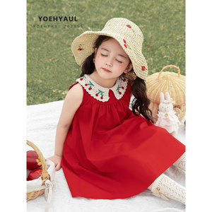 YOEHYAUL X4661 Nuovo Vestito Estivo per Bambine Senza Maniche con Motivo a Ciliegie in Colore Rosso 100% Cotone - Product Image 3