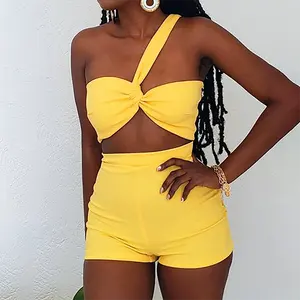 Custom Logo Design Sexy Summer Outfits Women Set Sunny Yellow Bra Top shorts 2 Piece Set