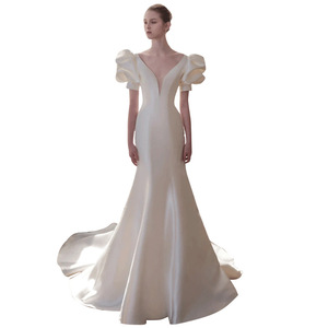 Mermaid Wedding Dress Off White Satin Sweetheart Neckline Natural Waistline Simple Style Short Train Elegant French Gown - Product Image 5