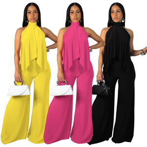 ชุดเซ็ตเสื้อกล้ามคอวีสีพื้นแบบไม่สมมาตรสไตล์ยุโรปและอเมริกาสำหรับผู้หญิงช่วงฤดูร้อน พร้อมกางเกงลำลอง - Product Image 1