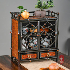Bamboo Tea Cabinet Lacquered Bamboo Woven Storage Display Rack Square Shape Solid Wood Tea Ceremony <b>Tabletop</b> Cabinet - Product Image 2