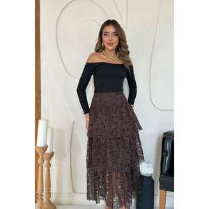 Jupe mi-longue marron taille haute en dentelle superposée pour femme, motif floral élégant, idéale pour les soirées - Product Image 2