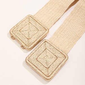 Cinture da donna in paglia PP intrecciata all'ingrosso, cinture elastiche quadrate simmetriche in lega per ragazze, in rattan - Product Image 5