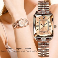 Jam Tangan Wanita Mewah Poedagar, Model Kotak Berlian Kalender Quartz, Set Hadiah Terlaris untuk Wanita, Tali Baja Tahan Karat