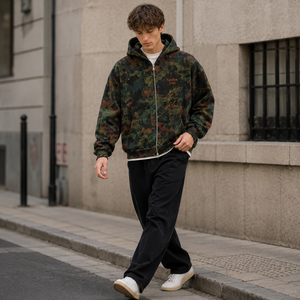Vente en gros Sweat à capuche entièrement zippé pour <span class=keywords><strong>homme</strong></span>, coupe ample, en molleton de coton épais, imprimé <span class=keywords><strong>camouflage</strong></span> rétro délavé, style streetwear - Product Image 2