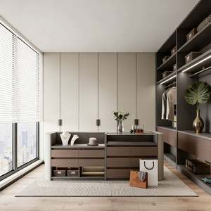 Dressing moderne de luxe en forme de L avec finition en bois blanc crème et foncé, rangement intégré, zone de suspension et meuble-lavabo - Product Image 1