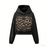 Sweat à capuche court unisexe noir délavé style vintage avec motif graphique d'engrenages et de chaînes steampunk, streetwear industriel