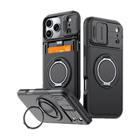 Stootvaste hoes met schuifbare camera-afdekking voor iPhone, verborgen kaarthouder, 360 graden draaibare ringstandaard, robuuste bumper shell