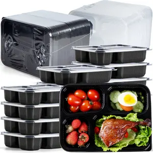 Recipiente para comida para viagem com 4 compartimentos preto, recipiente seguro para micro-ondas e restaurante