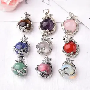 Factory Silver Color Dragon Wrapped Energy Healing Natural Crystal Stone Round Ball Bead Pendant Charms for Necklace Making A111