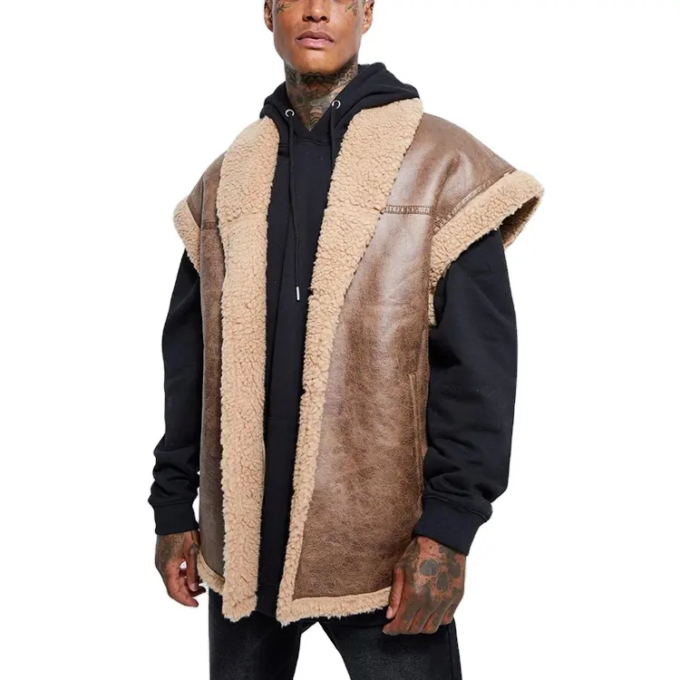 Chaleco de lana Sherpa de cuero de alta calidad, Chaleco de cuero de gran tamaño para hombre, chaqueta sin mangas