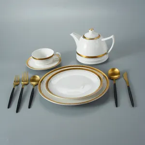 High grade luxury turkish pakistan white with golden rim ceramic porcelain dinner set dinnerware