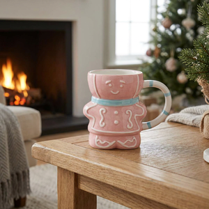 Tasses en céramique de Noël en gros, motif bonhomme de pain d'épices rose, avec poignée rayée en relief, tasses à boisson festives fantaisie en gros - Product Image 3