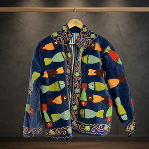 Veste en velours à col montant, manches longues, motif poisson brodé à la main, manteau d'automne pour femme, longueur standard, vestes Suzani B2B - Product Image 3