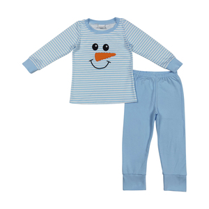 Broderie De Noël Bonhomme De Neige Soie Bleu Rayé À Manches Longues Pantalon Garçons Ensemble Enfant Filles Boutique En Gros Haute Qualité RTS - Product Image 1