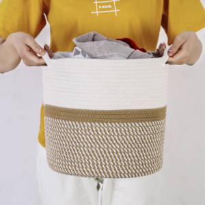 Cesta de Almacenamiento de Cuerda de Algodón Bicolor Crema y Mostaza, Organizador Tejido con Asas para Ropa y Juguetes - Product Image 1