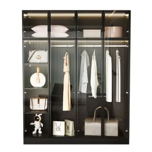 现代设计卧室家具木质玻璃门衣柜大储物空间衣柜带可调发光二极管灯