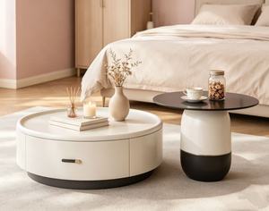 Modern <b>Round</b> Coffee <b>Table</b> Set Resin Top Minimalist Design <b>White</b> Black Storage Living Room Furniture - Product Image 5